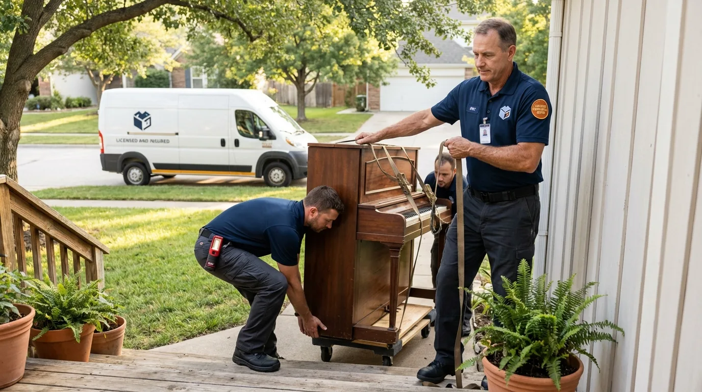 Licensed piano movers securing grand piano in Deltona, FL
