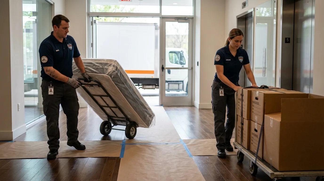 Professional apartment movers loading elevator in Deltona, FL